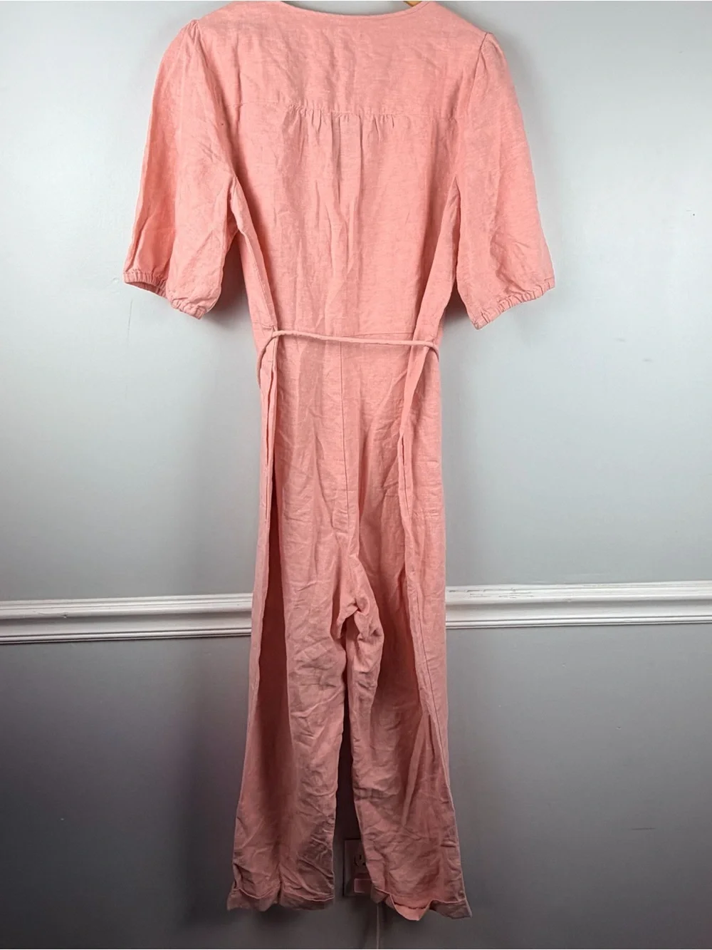 Madewell pink Linen-Blend Puff-Sleeve Tassel-Tie Jumpsuit XL